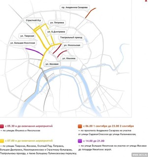 Схема ограничения движения в центре Москвы во время празднования Дня города